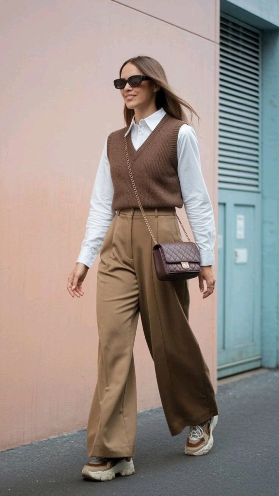 Brown Vest with Wide-Leg Trousers