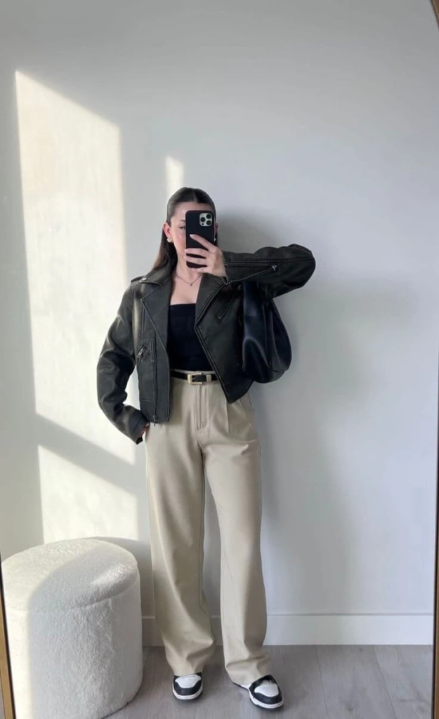 Black Leather Jacket with Neutral Trousers