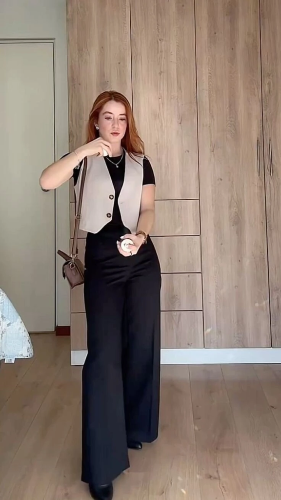 Neutral Vest Over Black Essentials