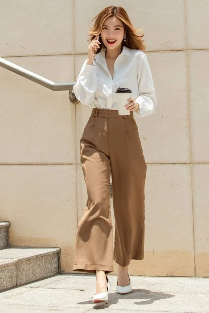 Crisp White Blouse with Tailored Trousers