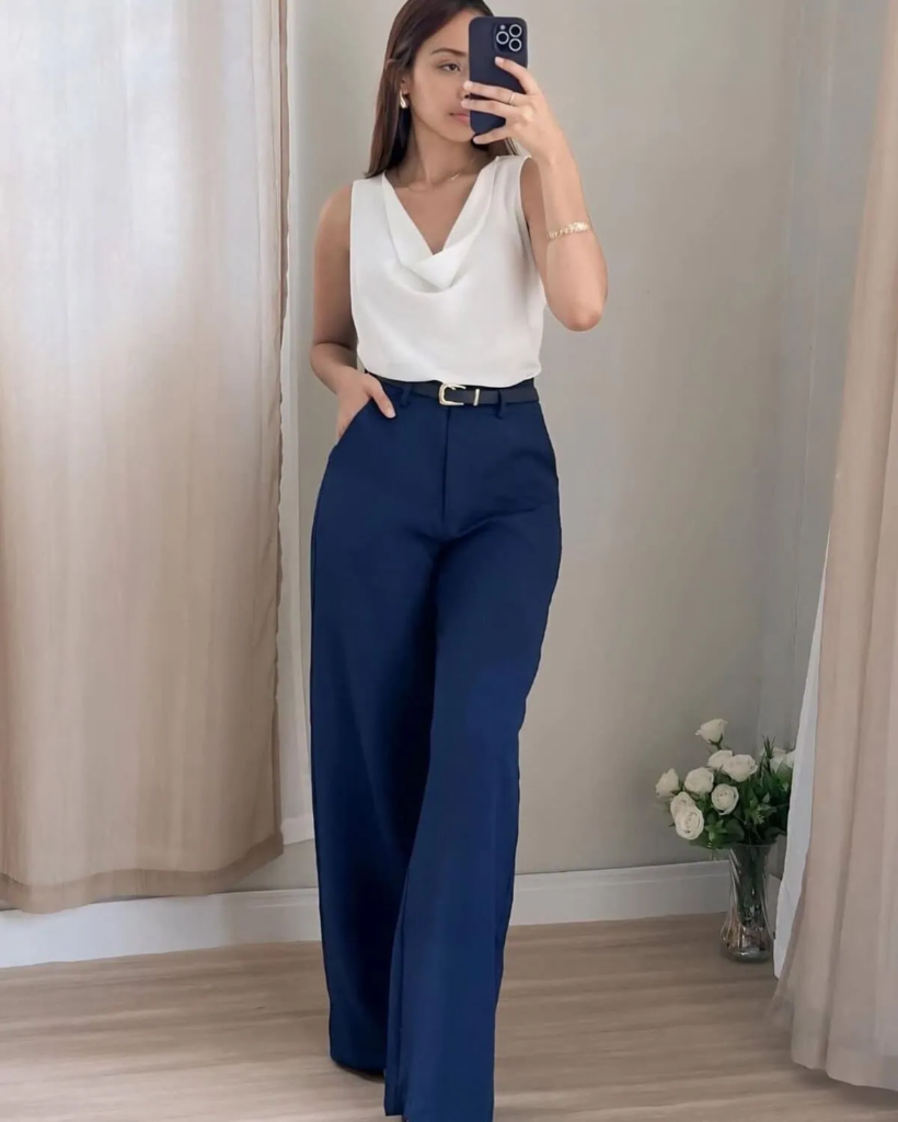 Elegant Cowl Neck with Navy Trousers