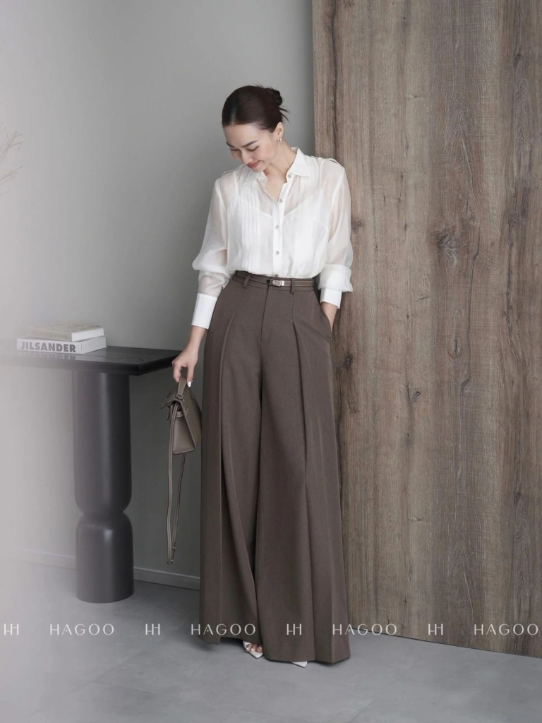 Crisp White Blouse with Tailored Trousers