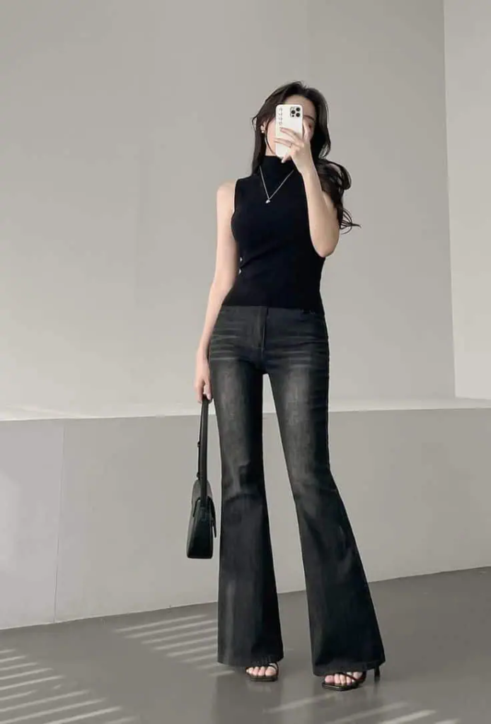 Black Tank Top with Flared Denim