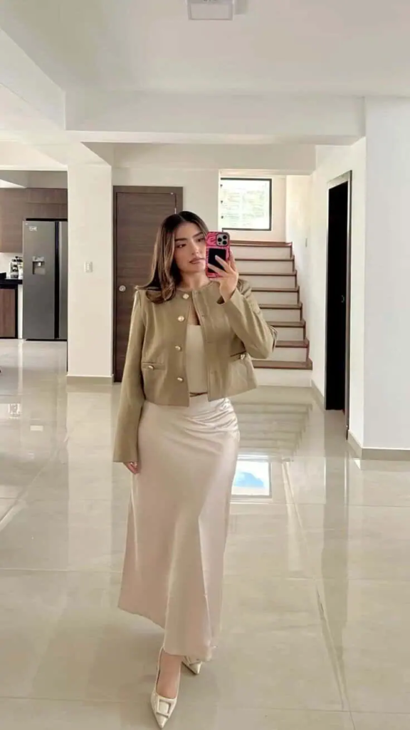 Cropped Blazer with Silk Midi Skirt