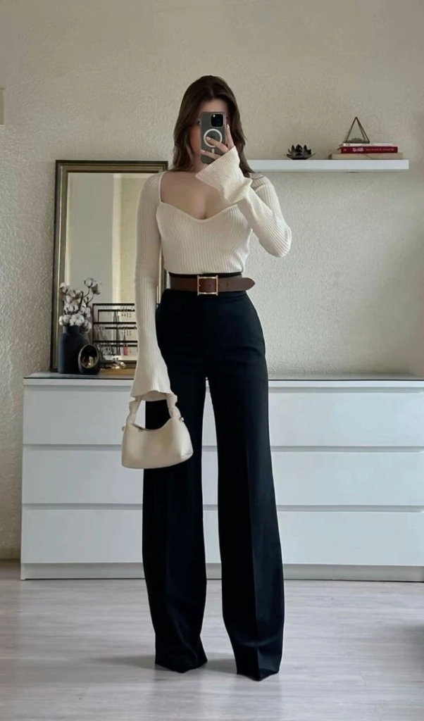 Cream Sweater with Tailored Black Trousers