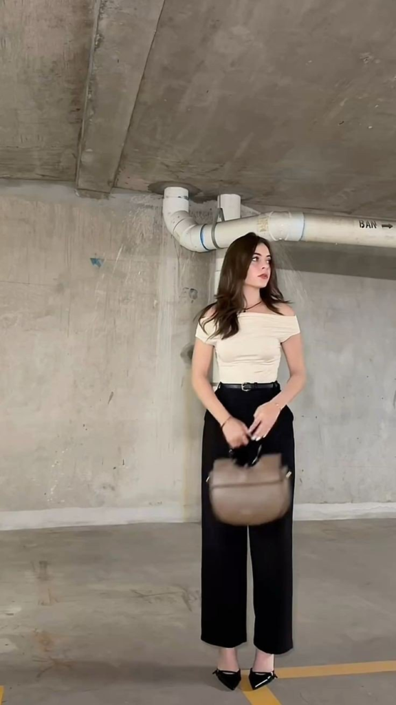 Cream Off-Shoulder Top with Black Trousers