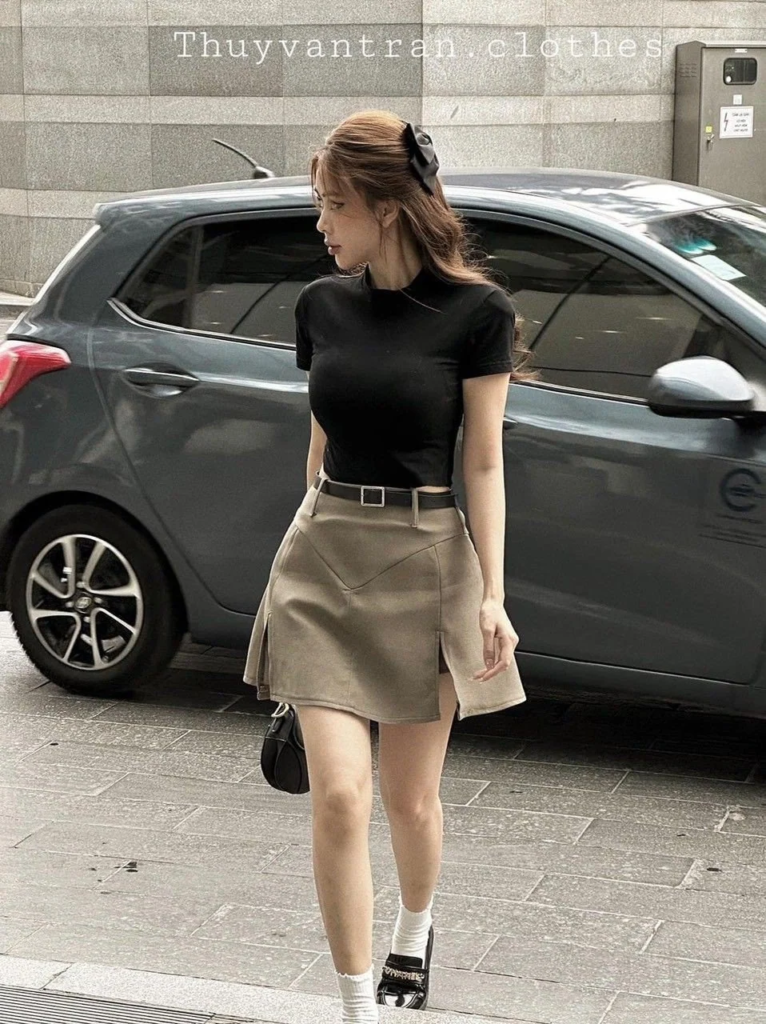 Classic Black Tee With Tailored Khaki Skirt