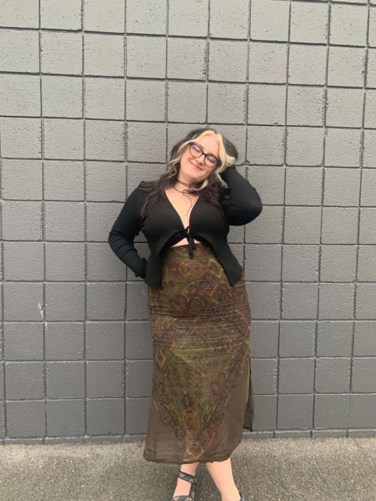 Cropped Black Cardigan with Patterned Midi Skirt