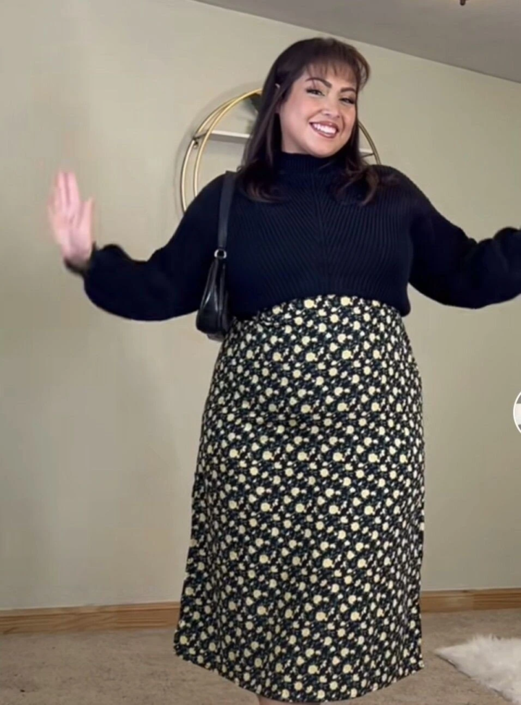 Black Turtleneck with Patterned Midi Skirt