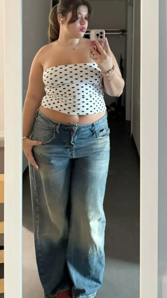 Polka Dot Tube Top With Wide-Leg Jeans