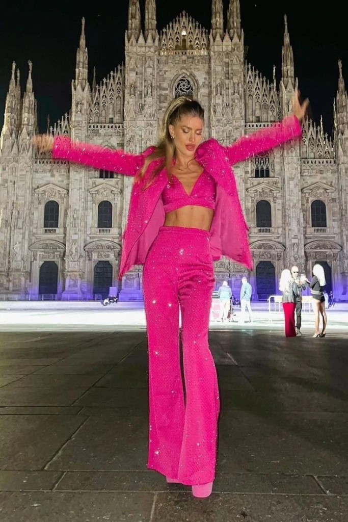 Hot Pink Sequin Set with Feathered Jacket