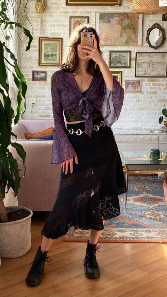 Purple Tie-Front Top with Black Midi