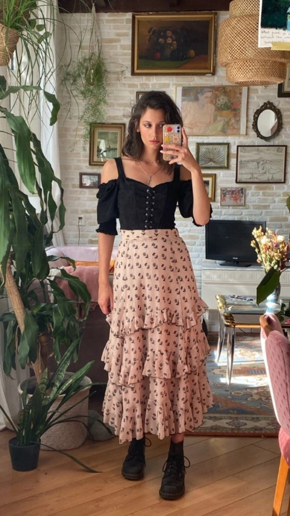Black Corset Top with Tiered Floral Skirt