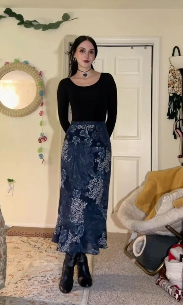 Black Top with Floral Midi Skirt
