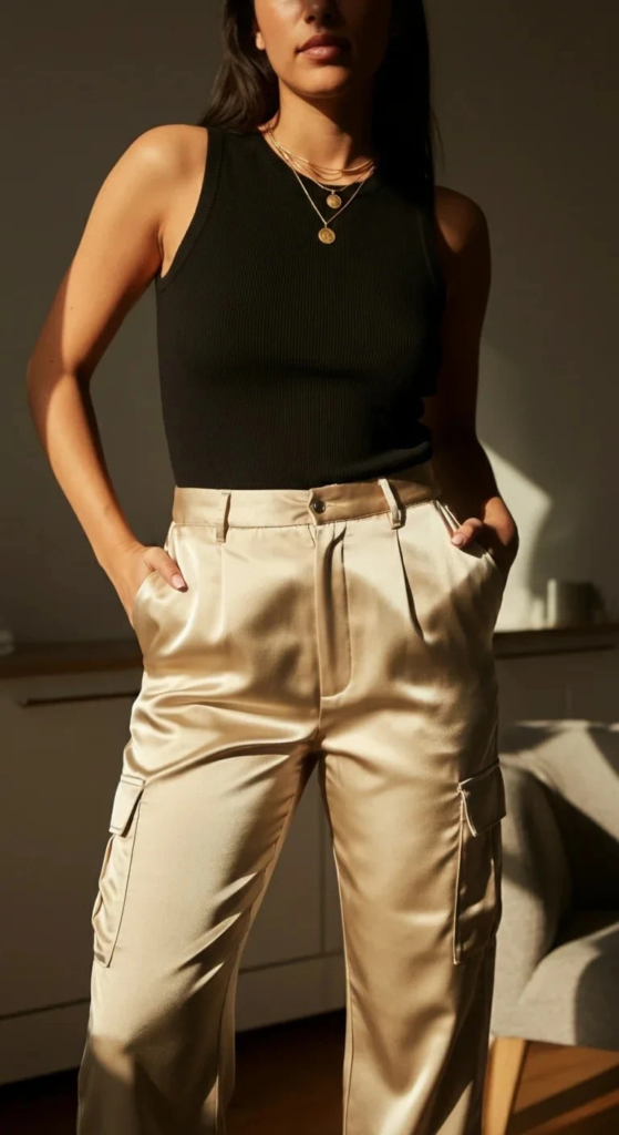 Satin Cargo Pants with Ribbed Tank