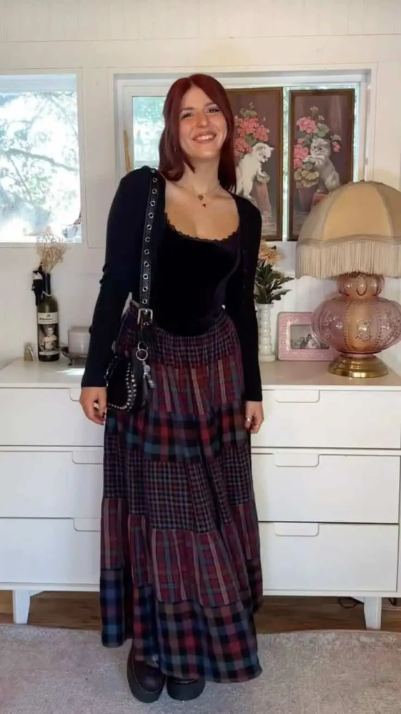 Velvet Top with Plaid Maxi Skirt