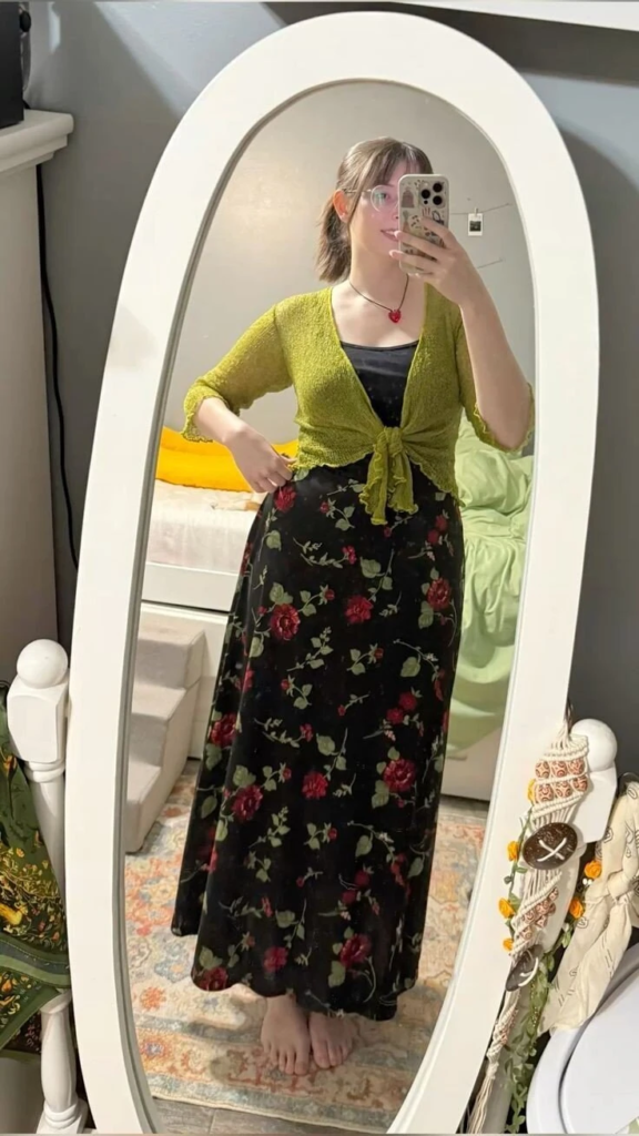Chartreuse Cardigan with Floral Midi Skirt