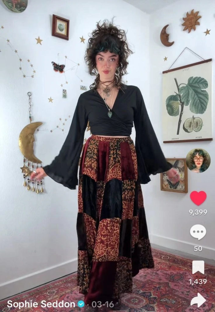 Black Wrap Top with Patchwork Maxi Skirt
