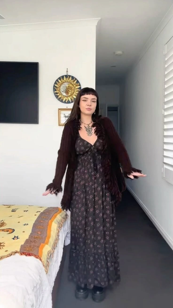 Dark Floral Dress with Burgundy Cardigan