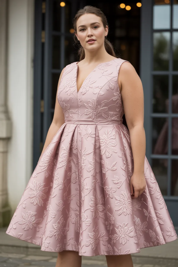 dusty pink floral jacquard plus size fit and flare wedding guest dress