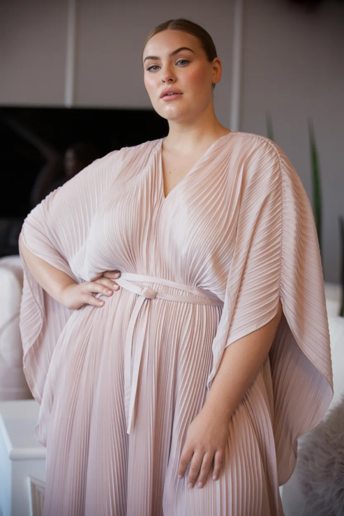 blush pink pleated grecian plus size wedding guest caftan dress