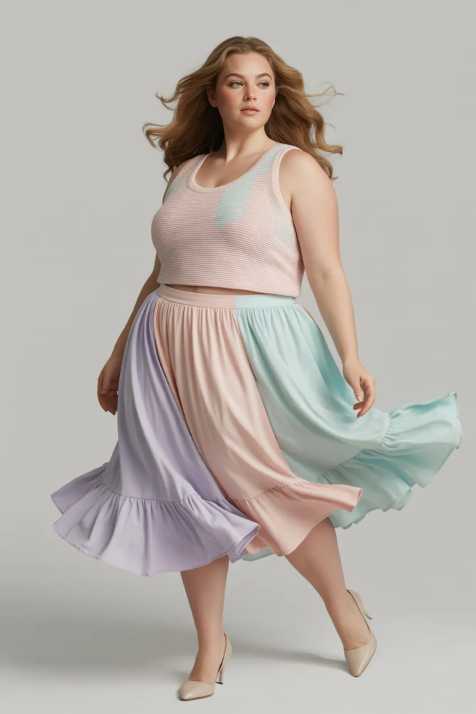 Plus Size Pastel Ruffle-Hem Skirt With Fitted Knit Top Easter Outfit