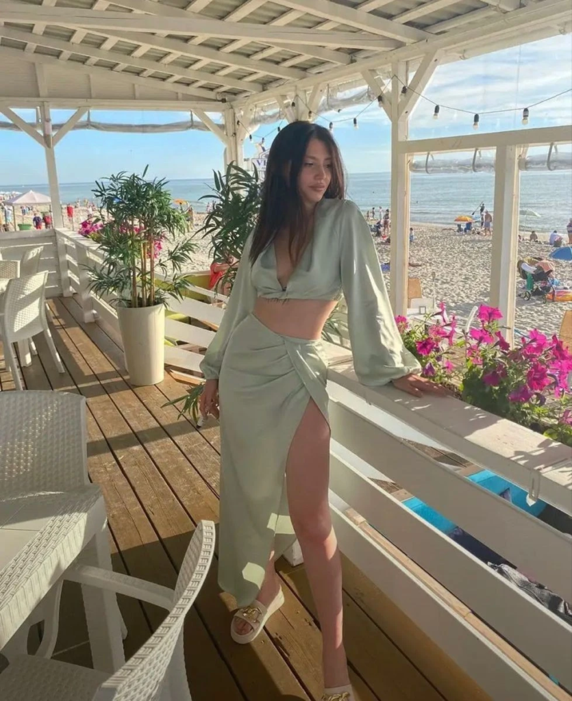 sage green wrap crop top and skirt beach outfit set