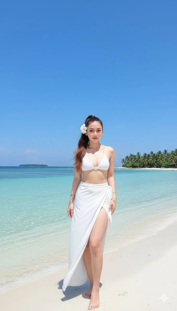 white bikini with flowing sarong beach outfit idea