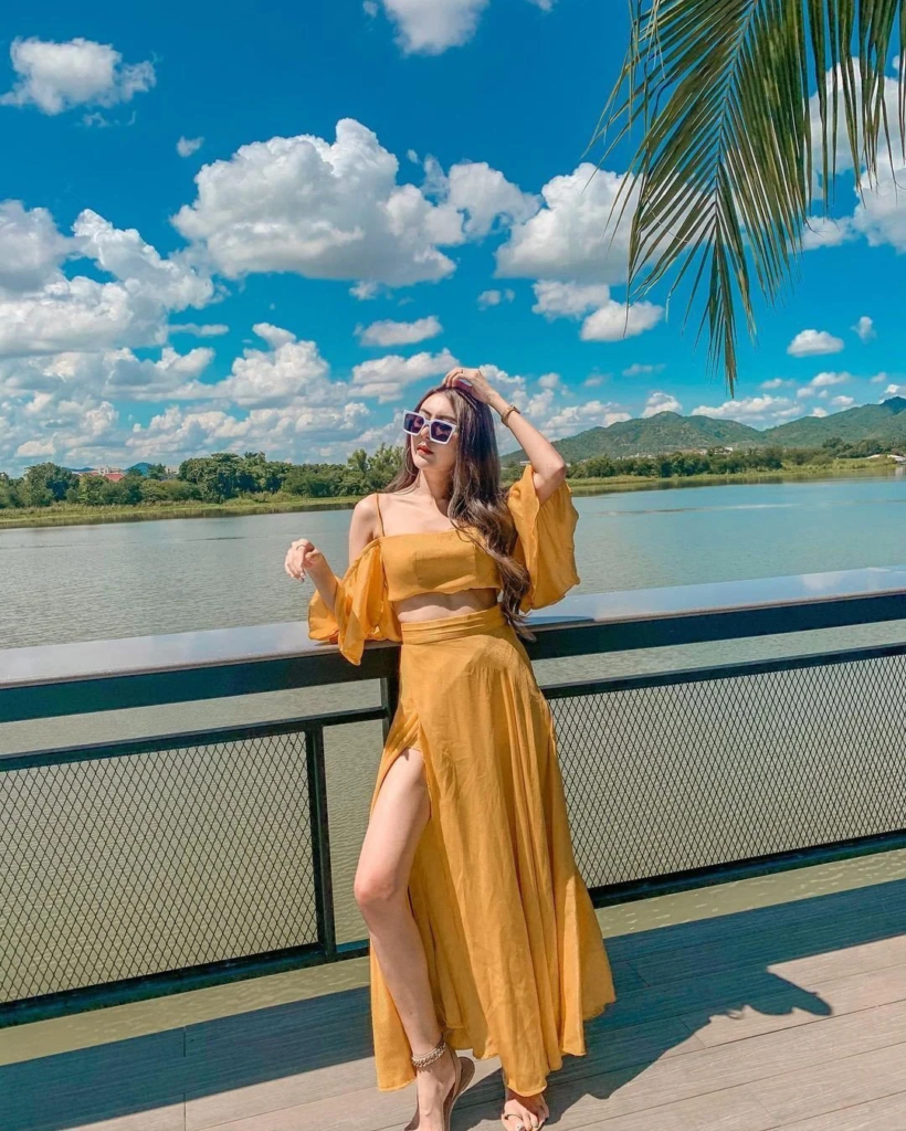golden two piece flowy beach vacation outfit
