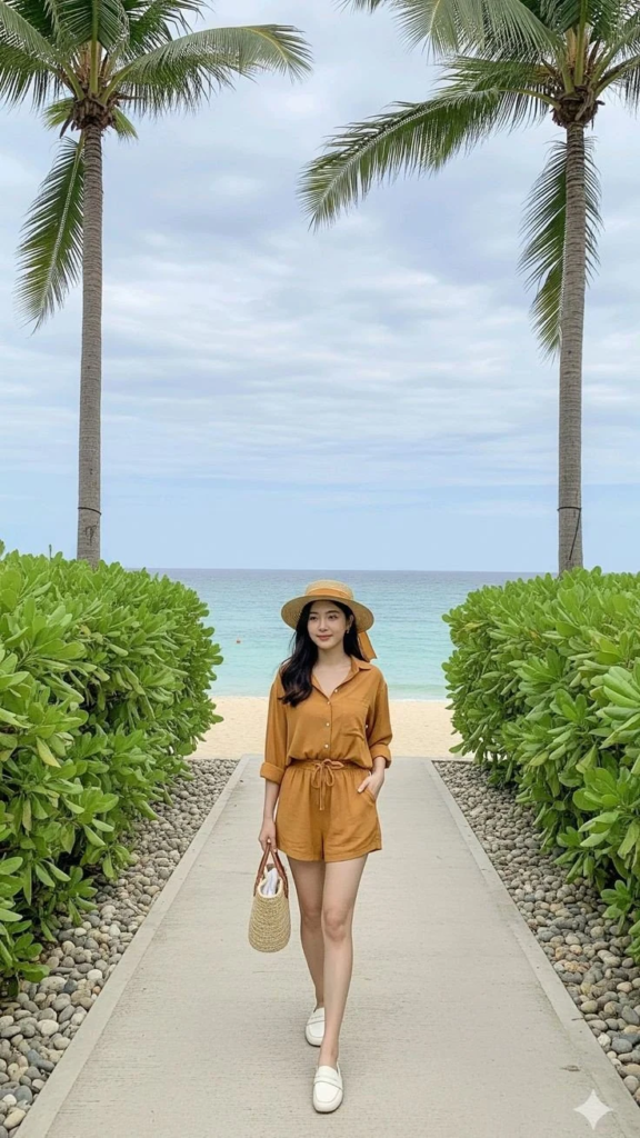 golden shirt romper beach outfit with straw hat