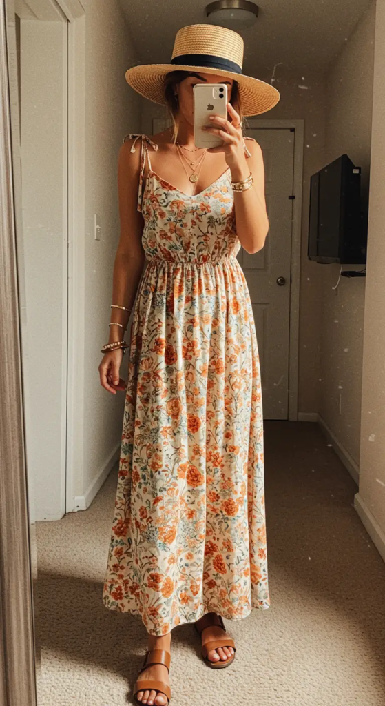 Summer birthday bohemian maxi dress with floral print and strappy sandals