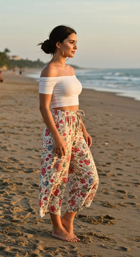 White off-shoulder crop top paired with floral high-waisted palazzo pants for summer birthday