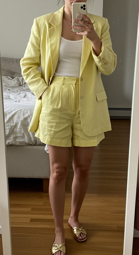Pastel yellow linen shorts suit with metallic flat sandals for stylish summer birthday