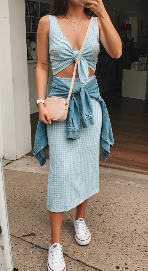 Gingham tie-front crop top and midi skirt set for summer birthday outfit