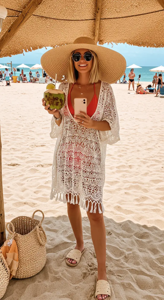 White crochet beach cover-up over high-waisted bikini for summer birthday