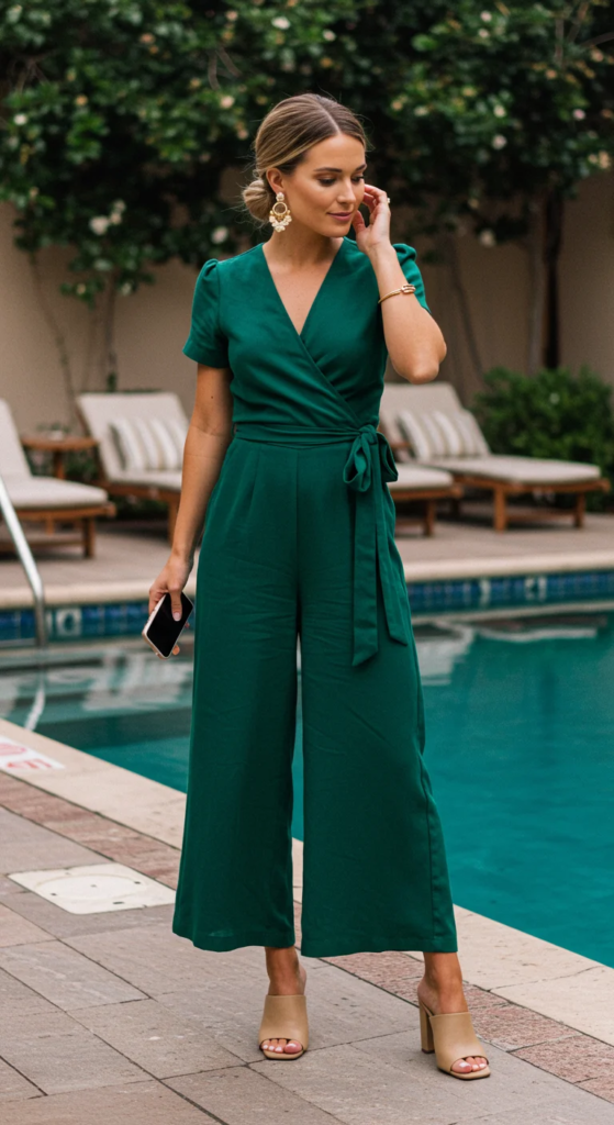 Emerald green wrap jumpsuit with block heel mules for chic summer birthday