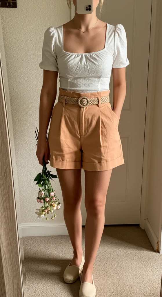 White puff sleeve blouse with paperbag waist shorts for summer birthday outfit