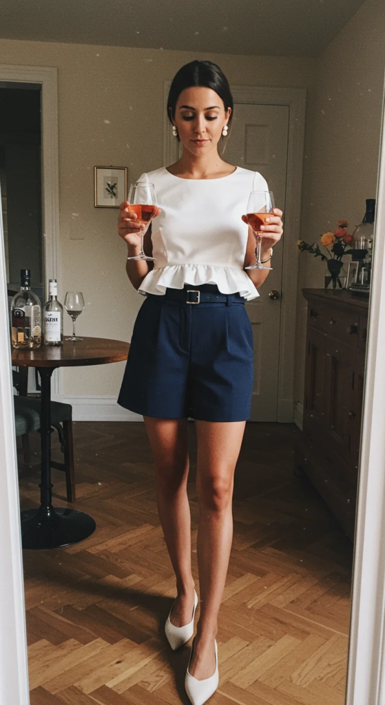 Navy tailored shorts with white peplum top for summer birthday outfit
