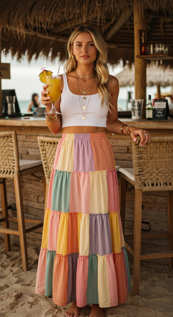 Multicolored tiered maxi skirt with white crop tank for summer birthday
