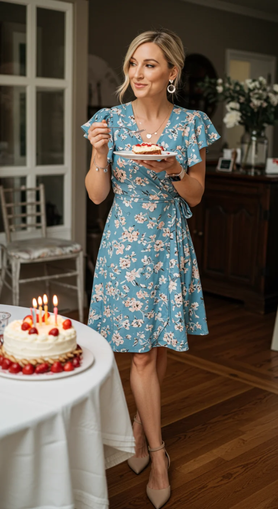Blue floral wrap dress with ankle strap flats for summer birthday