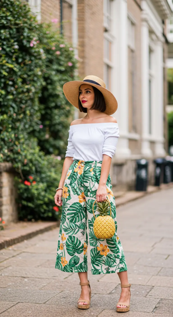 White off-shoulder blouse with tropical print culottes for summer birthday