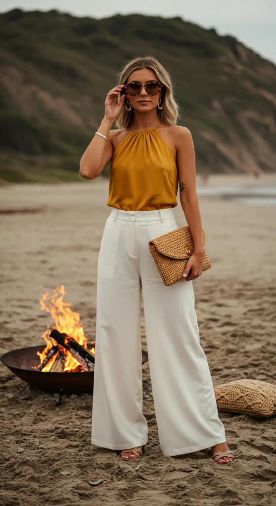 Mustard halter neck top with white palazzo pants for summer birthday