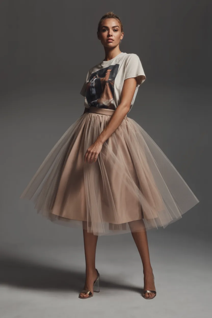 Blush pink tulle midi skirt with white graphic tee for summer birthday