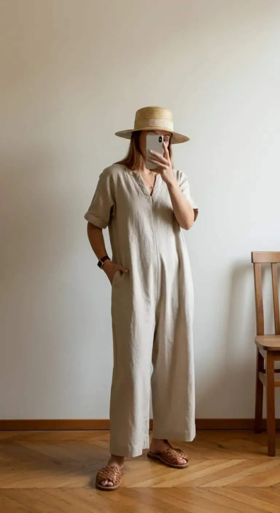 Beige linen jumpsuit outfit with woven slides summer styling idea for women