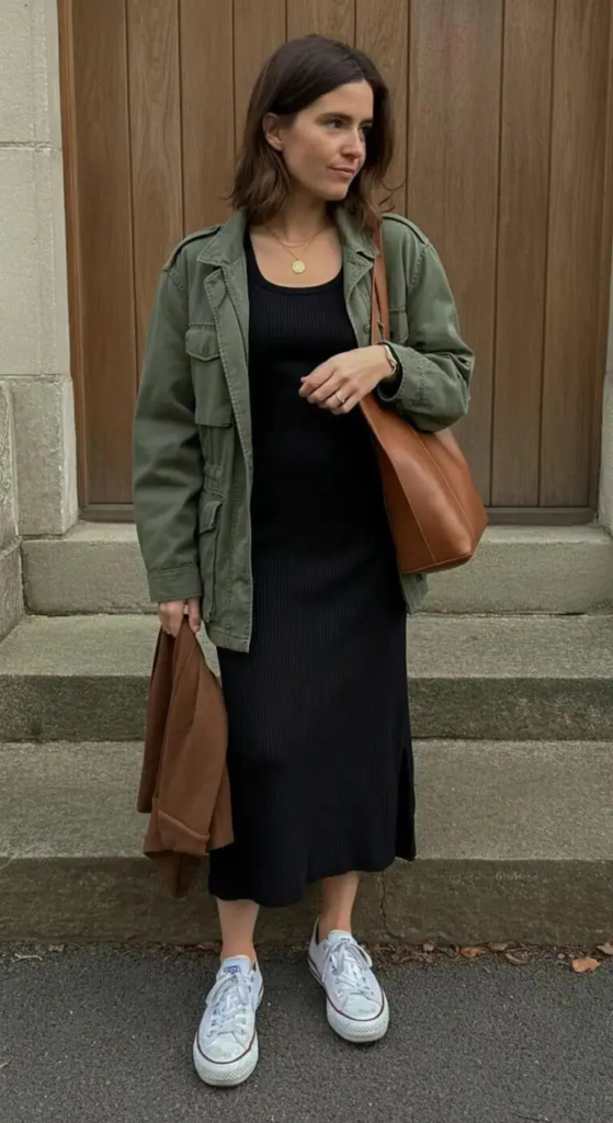Fitted ribbed tank dress with lightweight utility jacket and white sneakers casual outfit for women