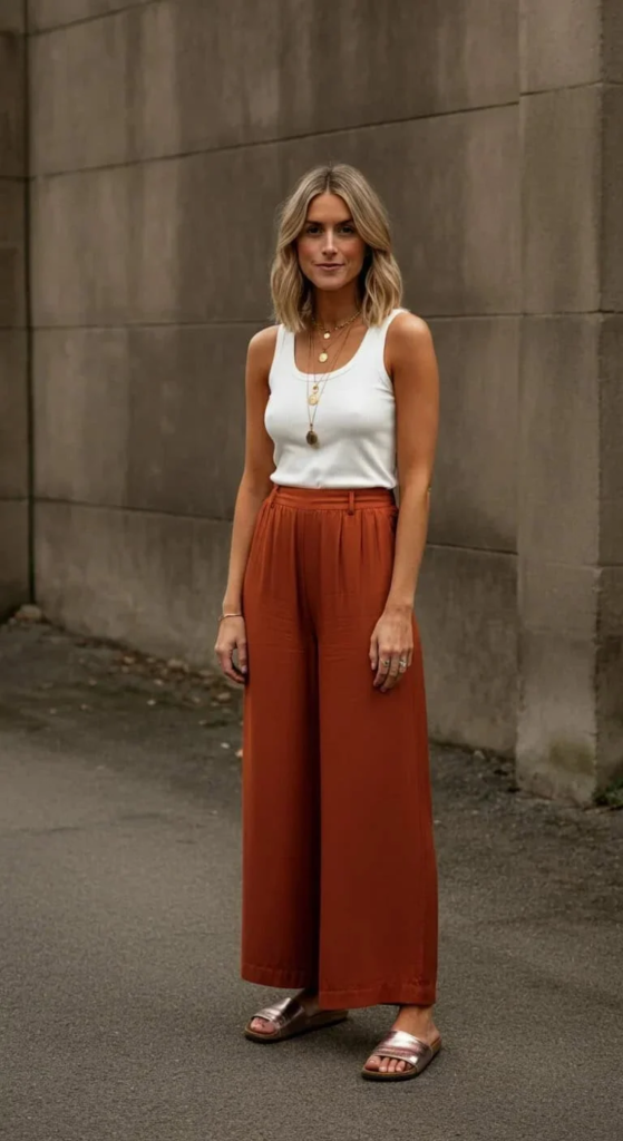 Rust flowy palazzo pants with white fitted tank and metallic slides summer outfit for women