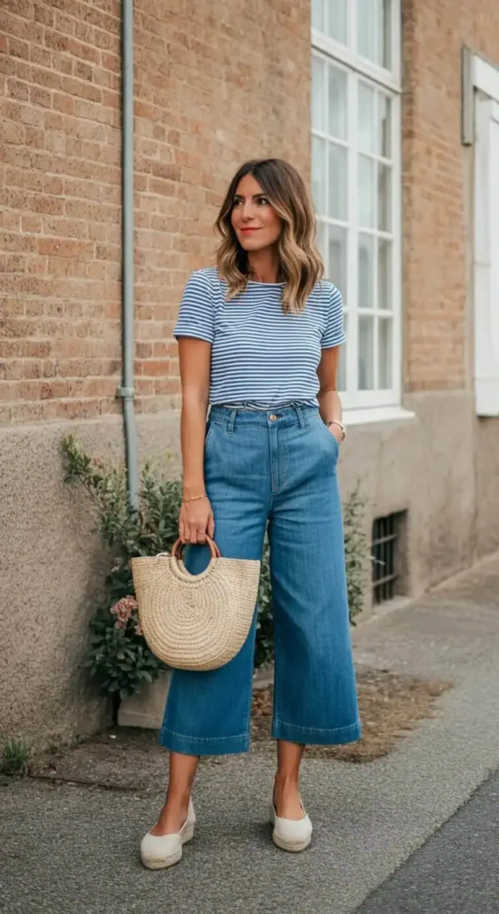 Denim culottes with classic striped tee, espadrille wedges, and straw bag casual summer outfit for women