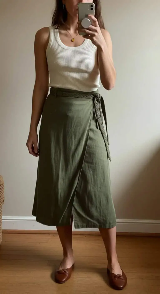 Olive green wrap skirt with white ribbed tank and brown leather flat sandals casual summer outfit for women