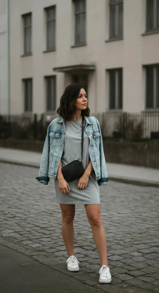 Loose T-Shirt Dress with Denim Jacket