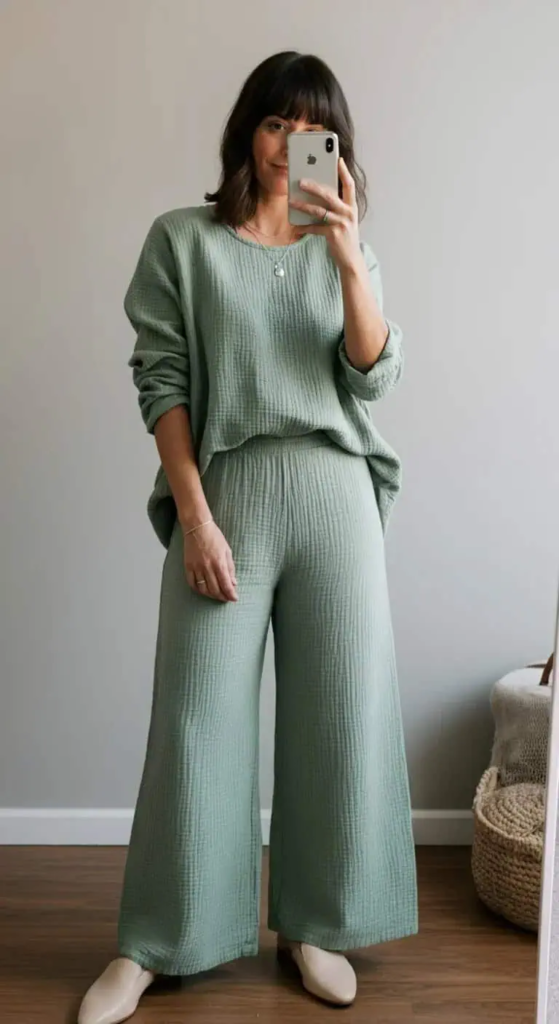 Lightweight cotton gauze matching set with nude slip-on mules casual chic summer outfit for women